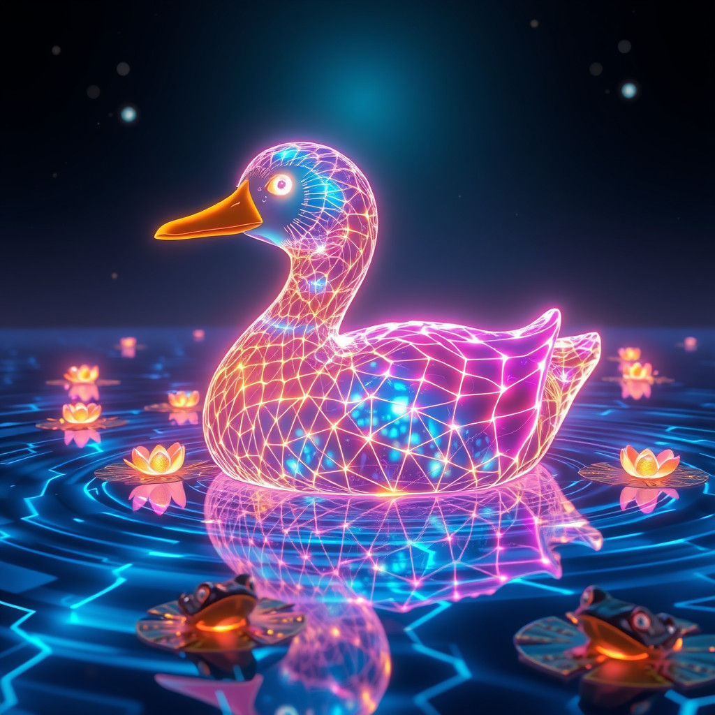 A surreal and humorous scene of a duck completely made of glowing light, its body formed by vibrant neon streams in the ...