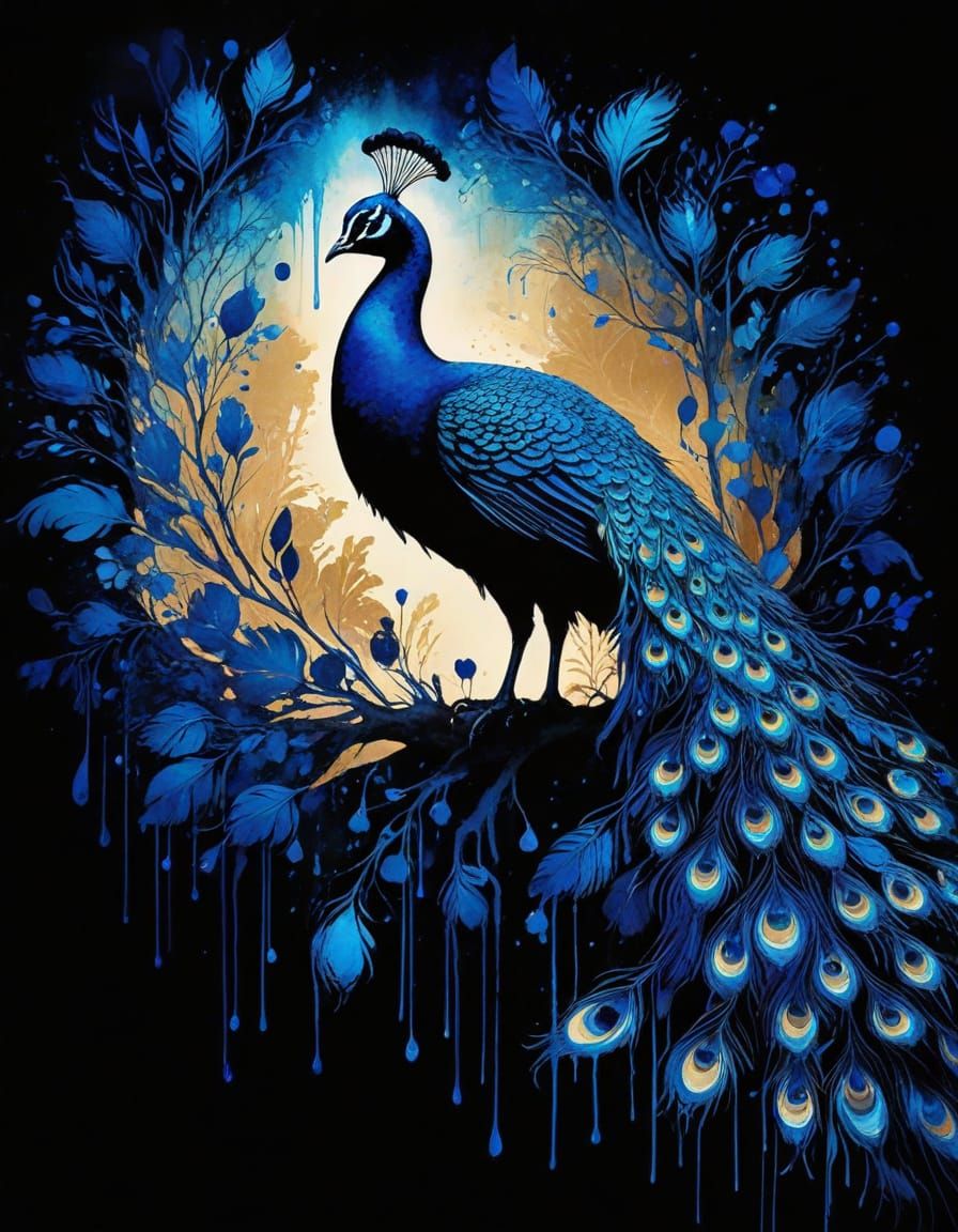 Blue Peacock Silhouette in Alcohol Ink Style
