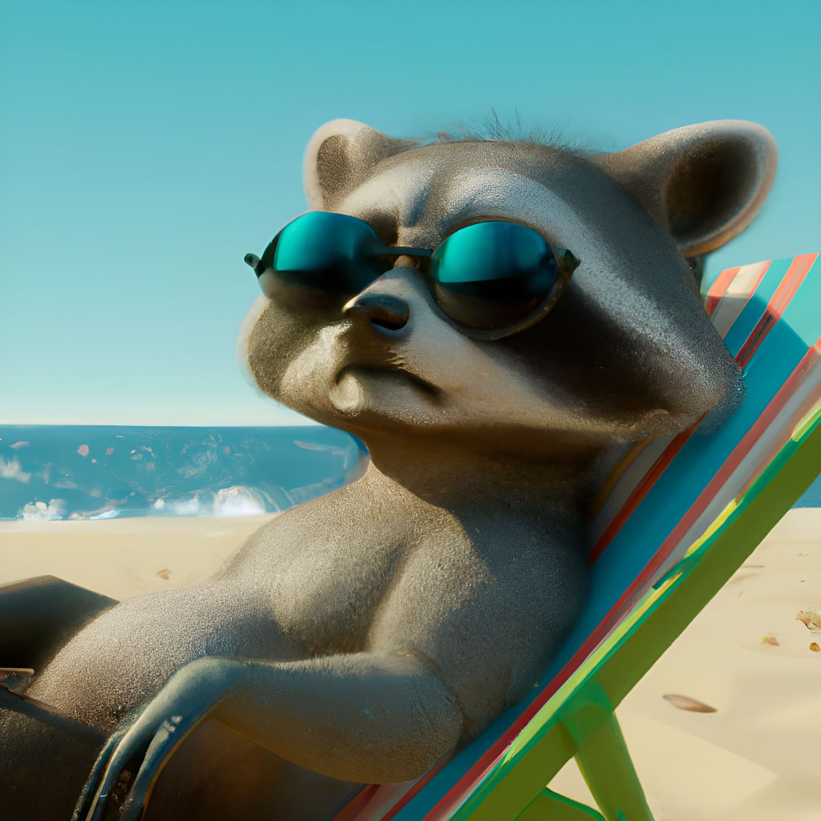 Raccoon in Sunglasses Relaxing on the Beach