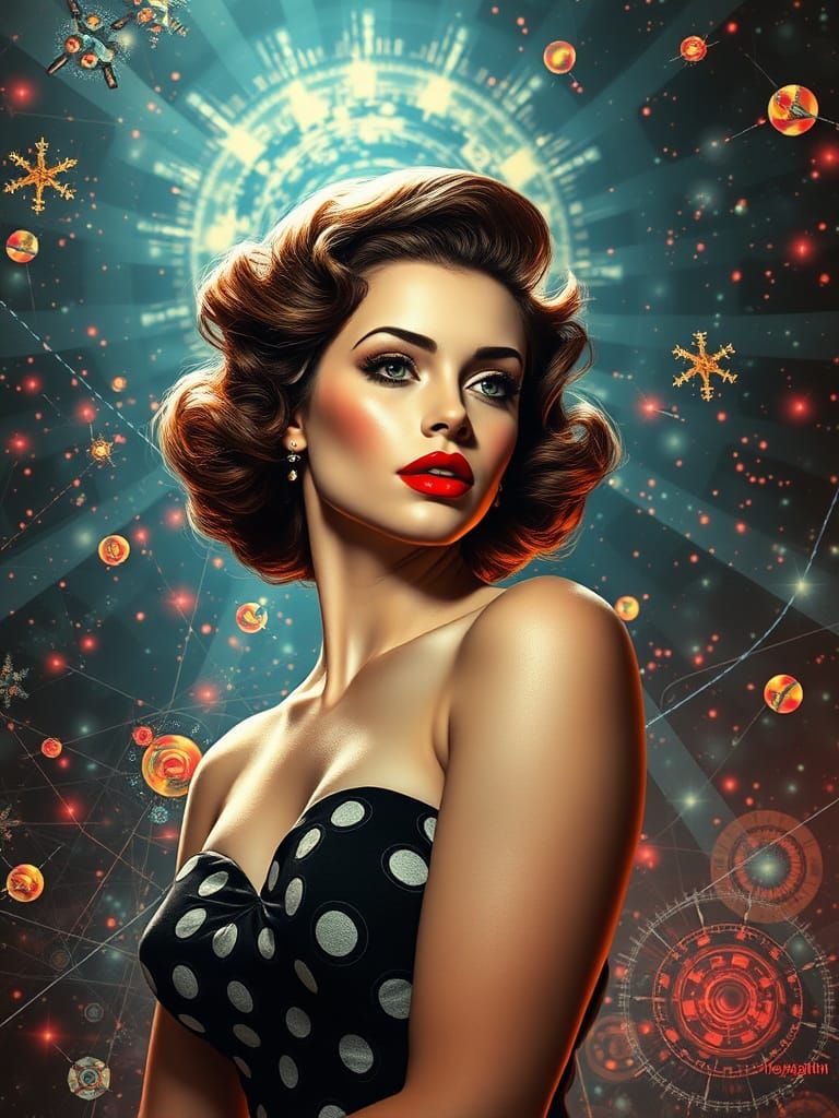1950s Pin-Up Amidst Digital Storm and Fractal Code