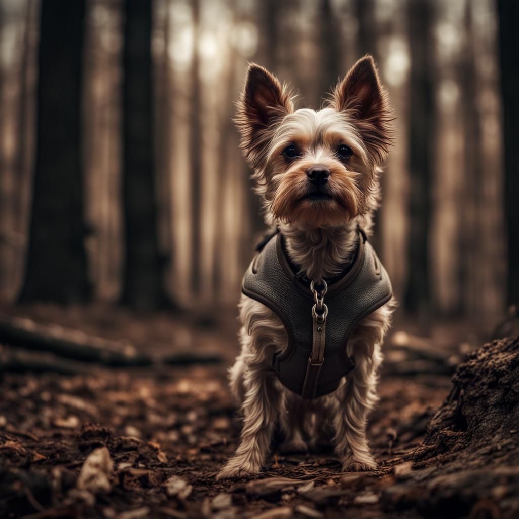 Hyperrealistic Little Dog in Atmospheric Wood