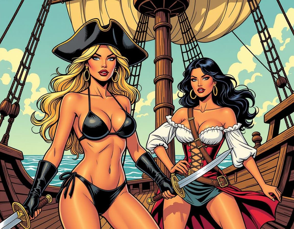 Voluptuous Pirate Duel on Spanish Galleon