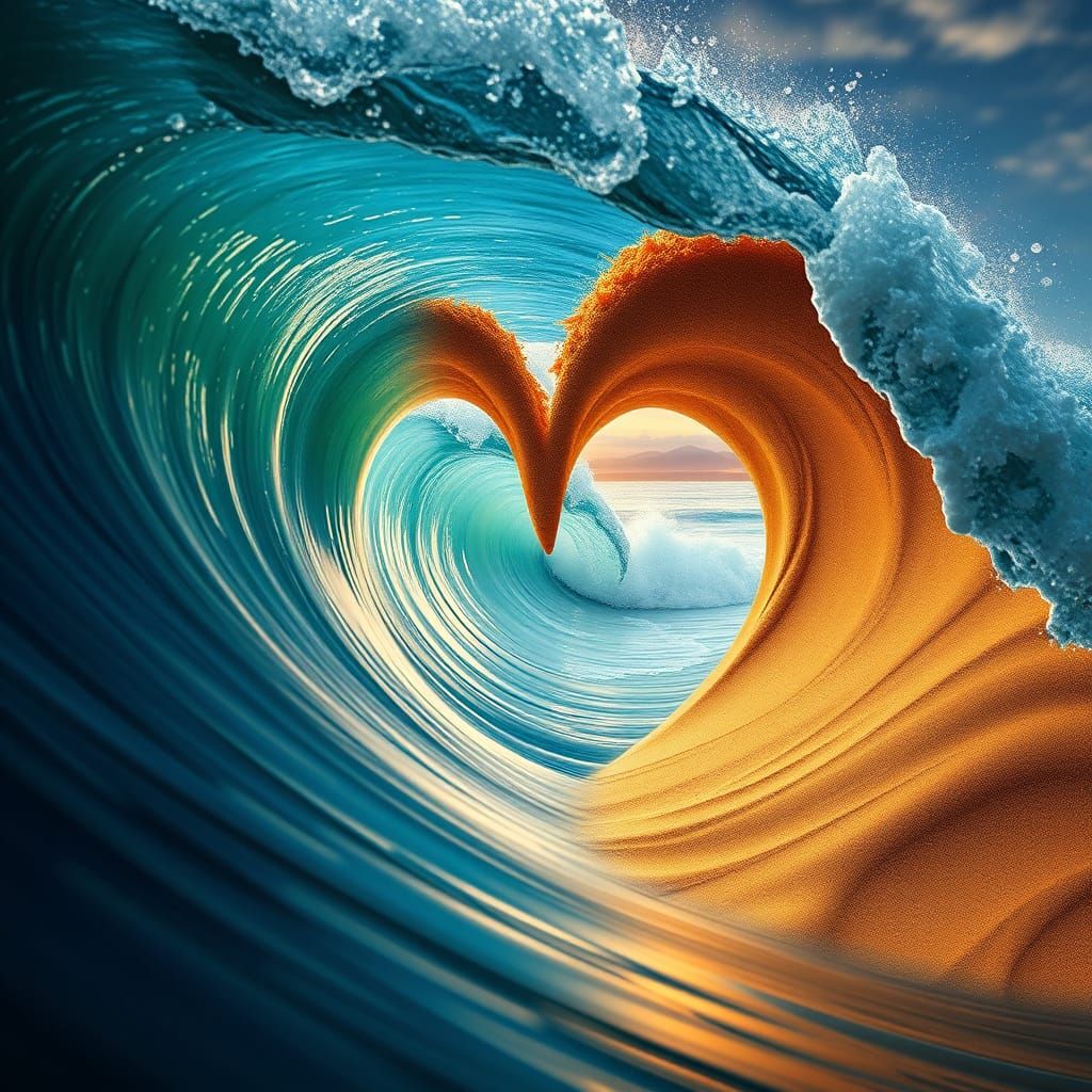 Heart Formed by Ocean and Sand Waves in Hyperrealistic Splas...
