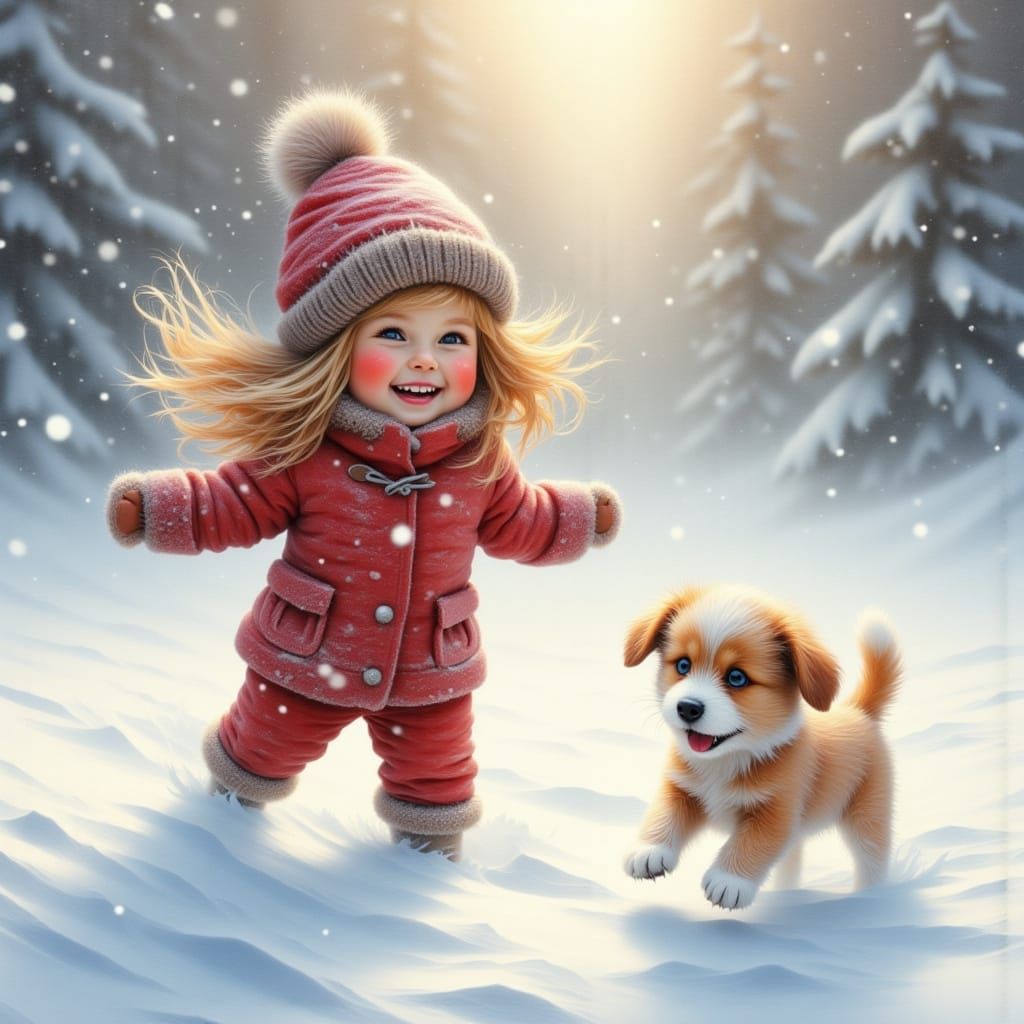 Girl and Puppy Play in Sparkling Snow