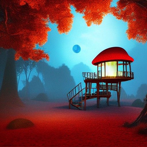 Glowing Treehouse in Blue Forest: Digital Matte Painting