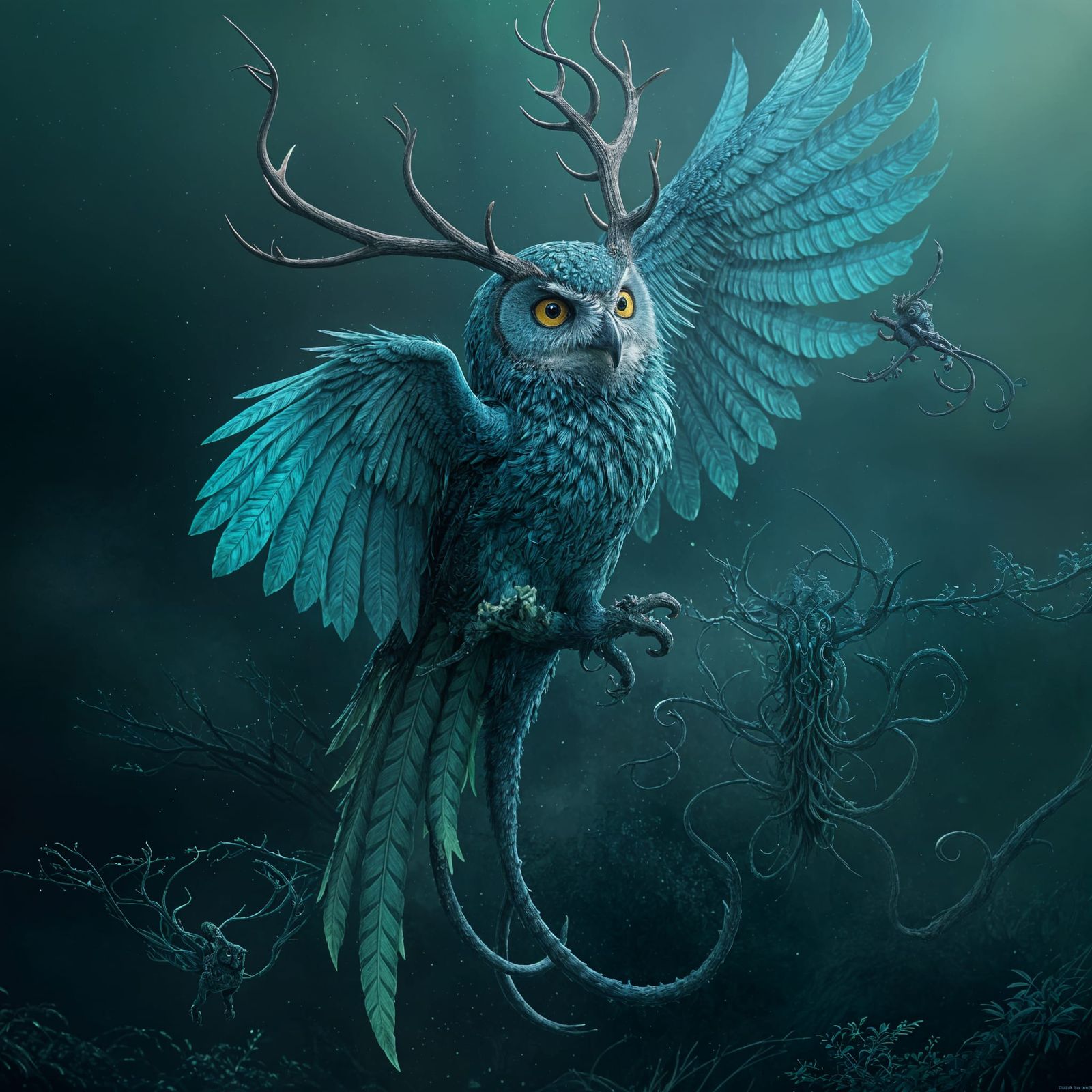 Surreal Owl with Antlers and Tentacles in Deep Fantasy Lands...