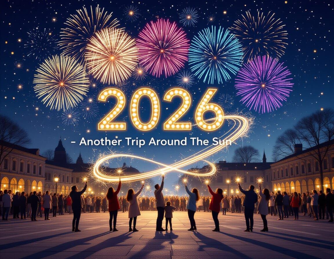 New Year's Eve Fireworks Over Joyful Crowd