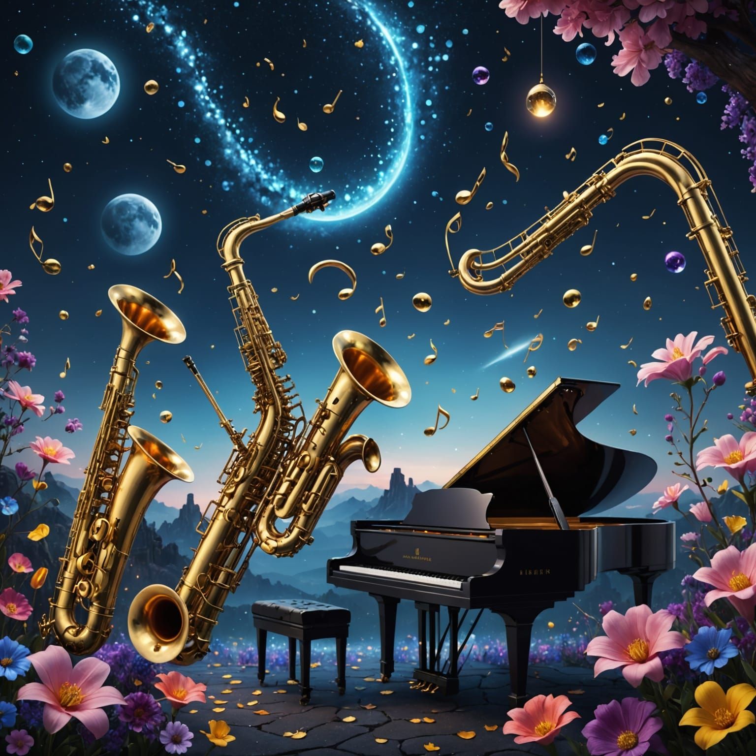 Floating Orchestral Instruments in Vibrant Night Sky Fantasy