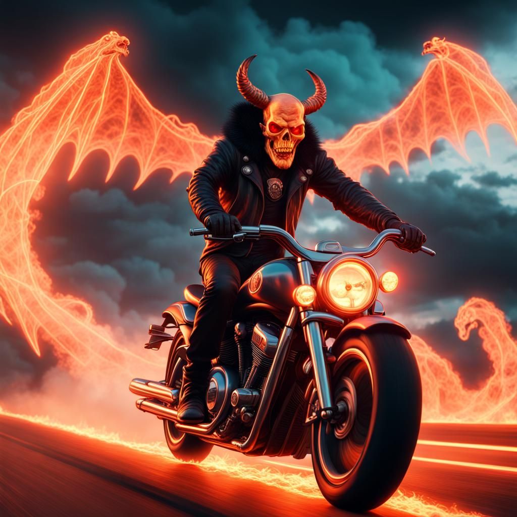 Demon Rides Skull Motorcycle on Chariot of Fire