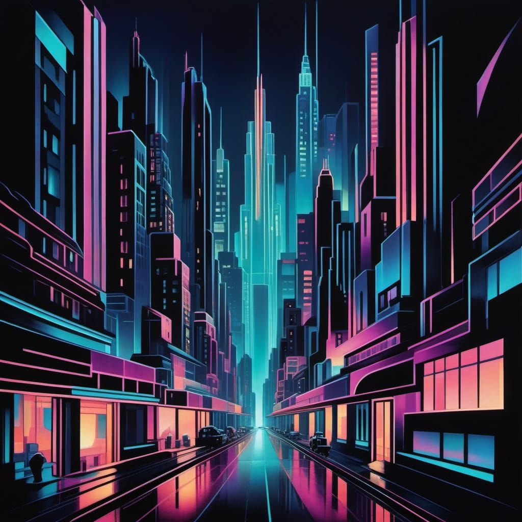 Art Deco Futuristic Cityscape in Neon Light Style