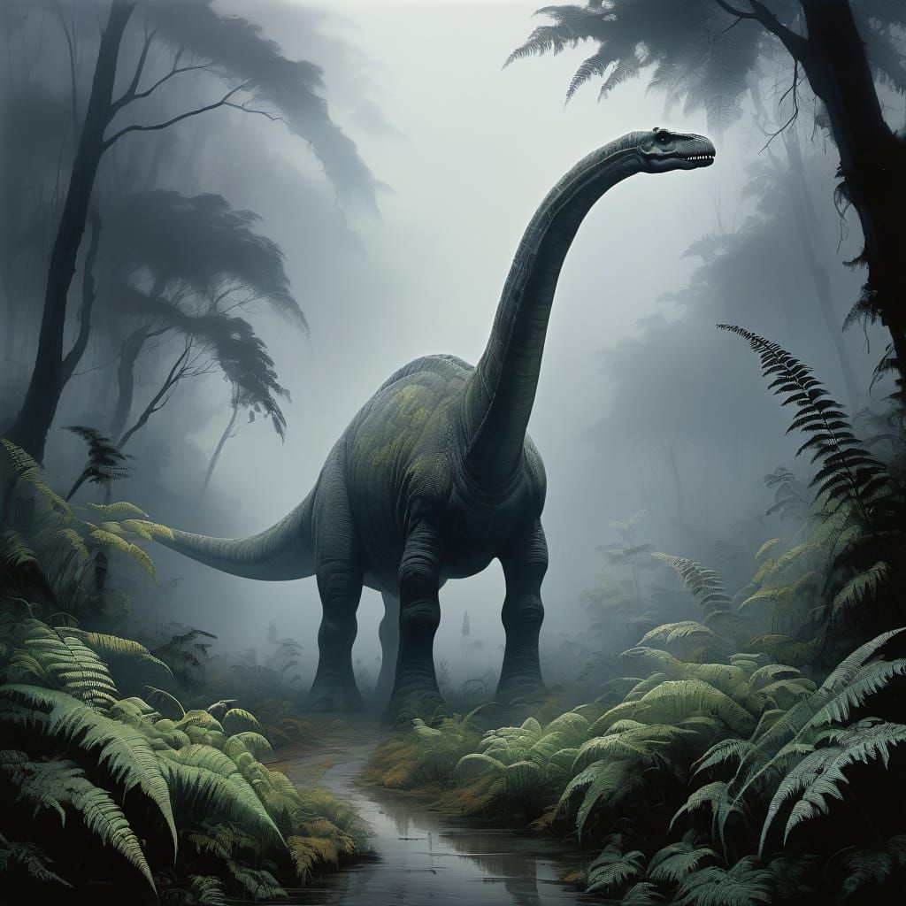Diplodocus in the forest among ferns