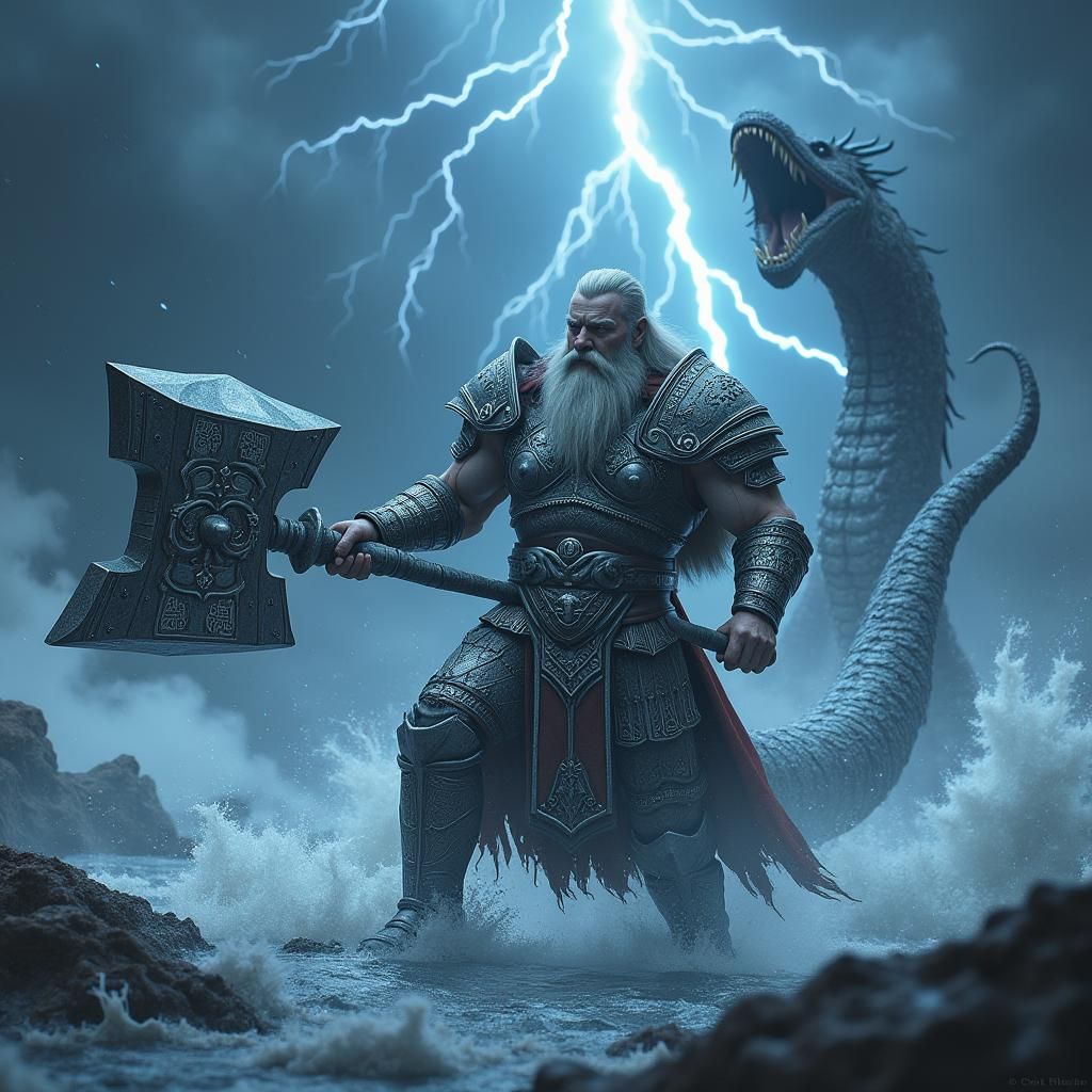 Viking Warrior Battles Sea Serpent in Stormy Seas