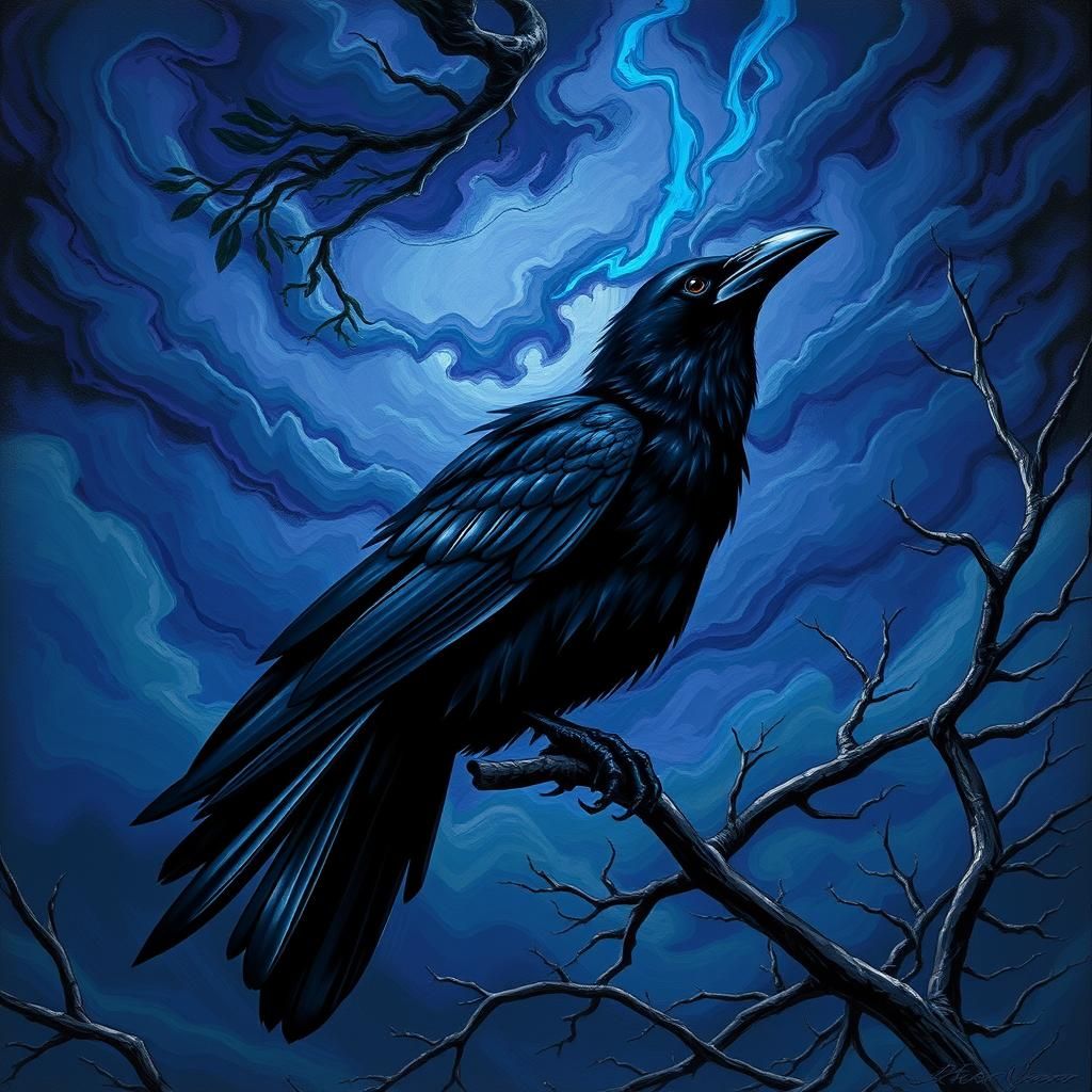Mysterious Raven Between Worlds in Gothic Surrealism