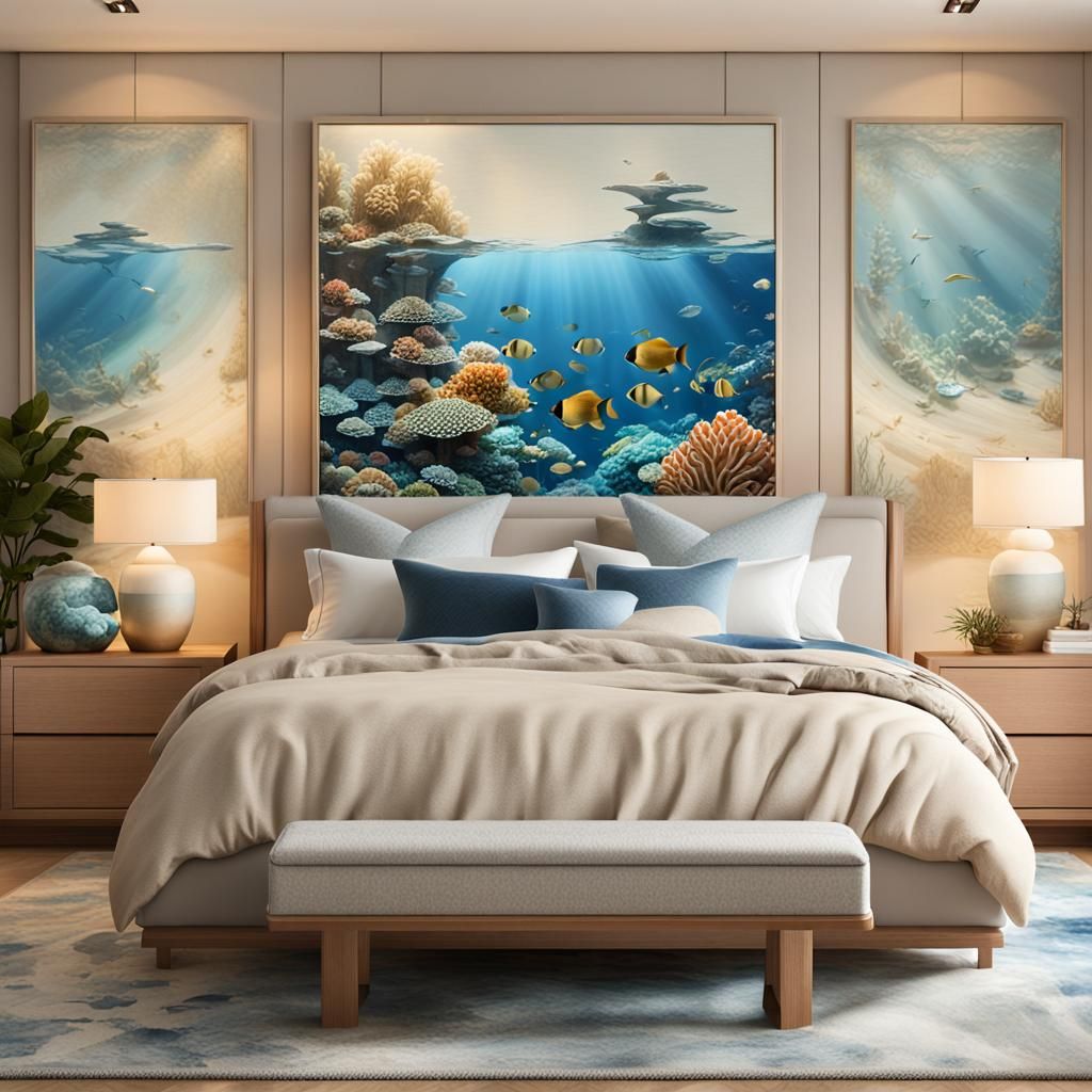 Luxurious Bedroom Oasis with Aquarium Headboard