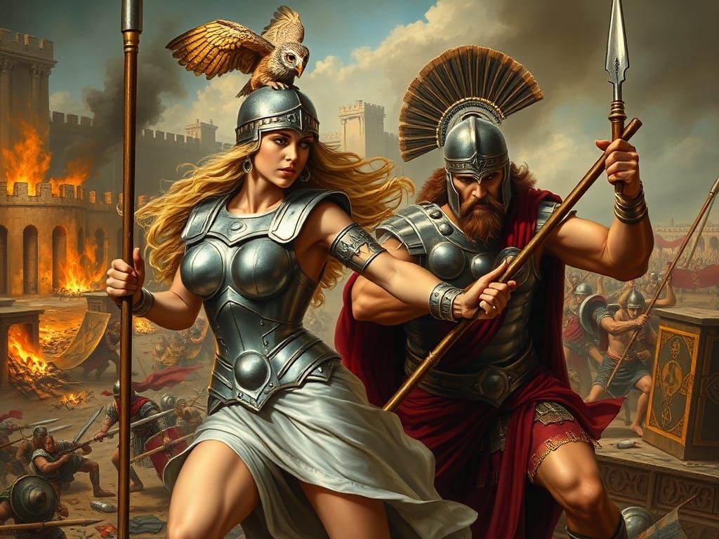 Athena and Ares Clash in Trojan War