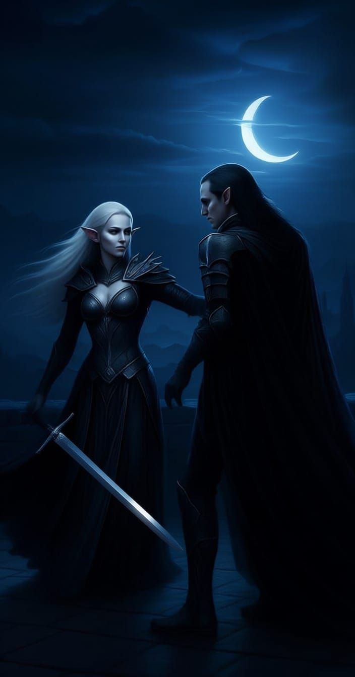 Moon Elf Battles Necromancer on Castle Ramparts