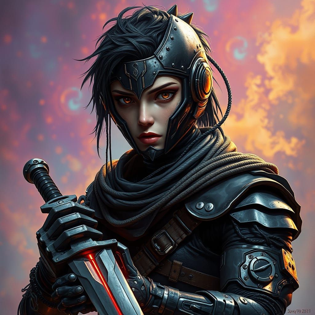 Cyborg Warrior with Glowing Blade in Hyperrealistic Style