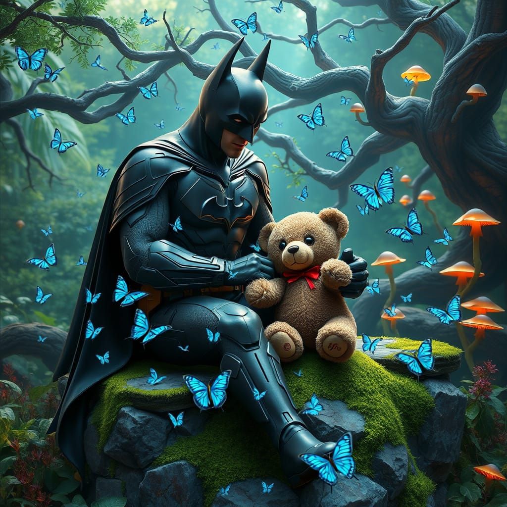 Batman Surrounded by Iridescent Butterflies in Dreamlike Lan...