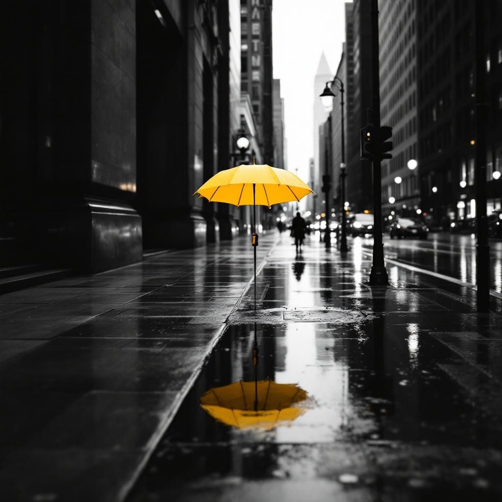 Vibrant Yellow Umbrella in Monochrome Cityscape