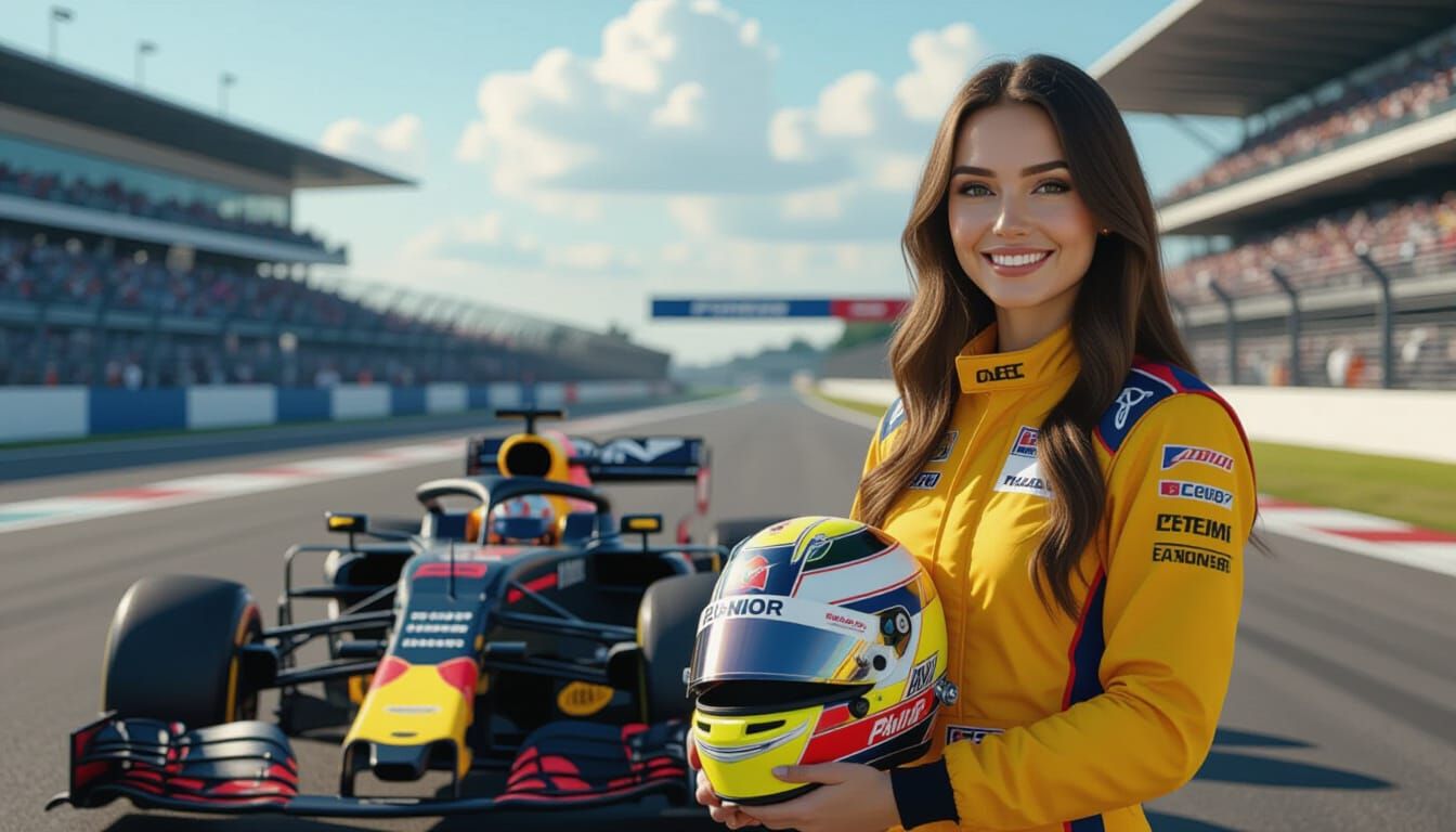 Russian Woman in Yellow Racing Suit Beside F1 Car