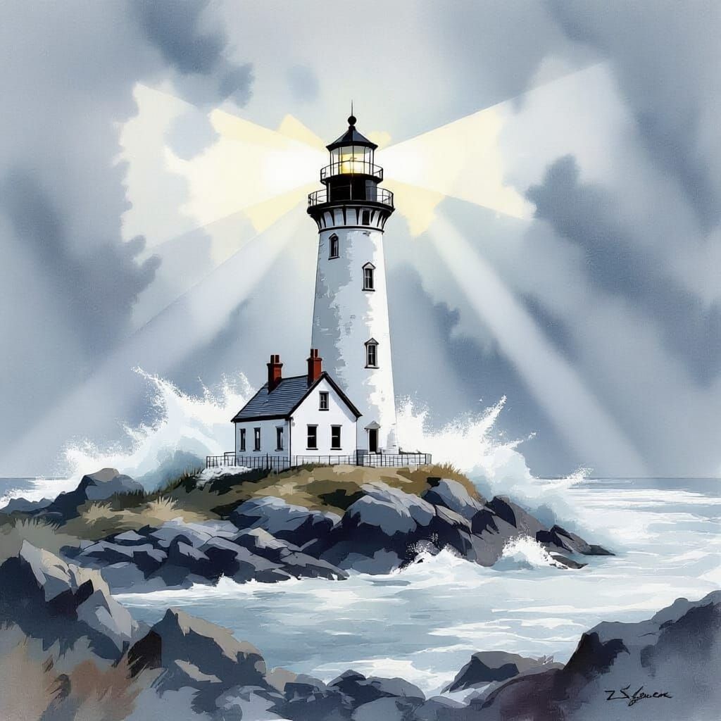 Victorian Lighthouse on Maine Coast in Watercolor