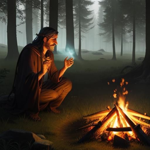 Druid Apprentice Conjures Campfire with Nature Spirits