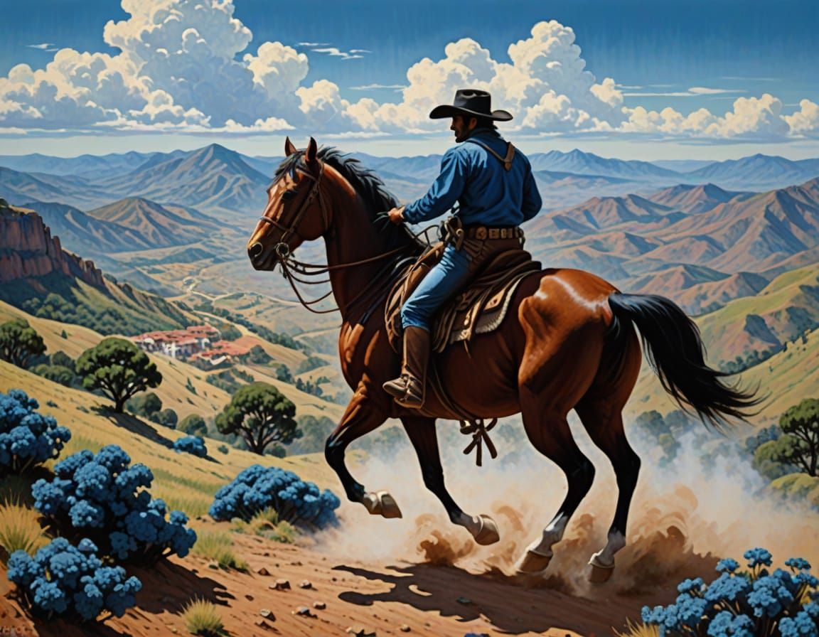 Bandit on Horseback Riding Through Rocky Mountain Pastures