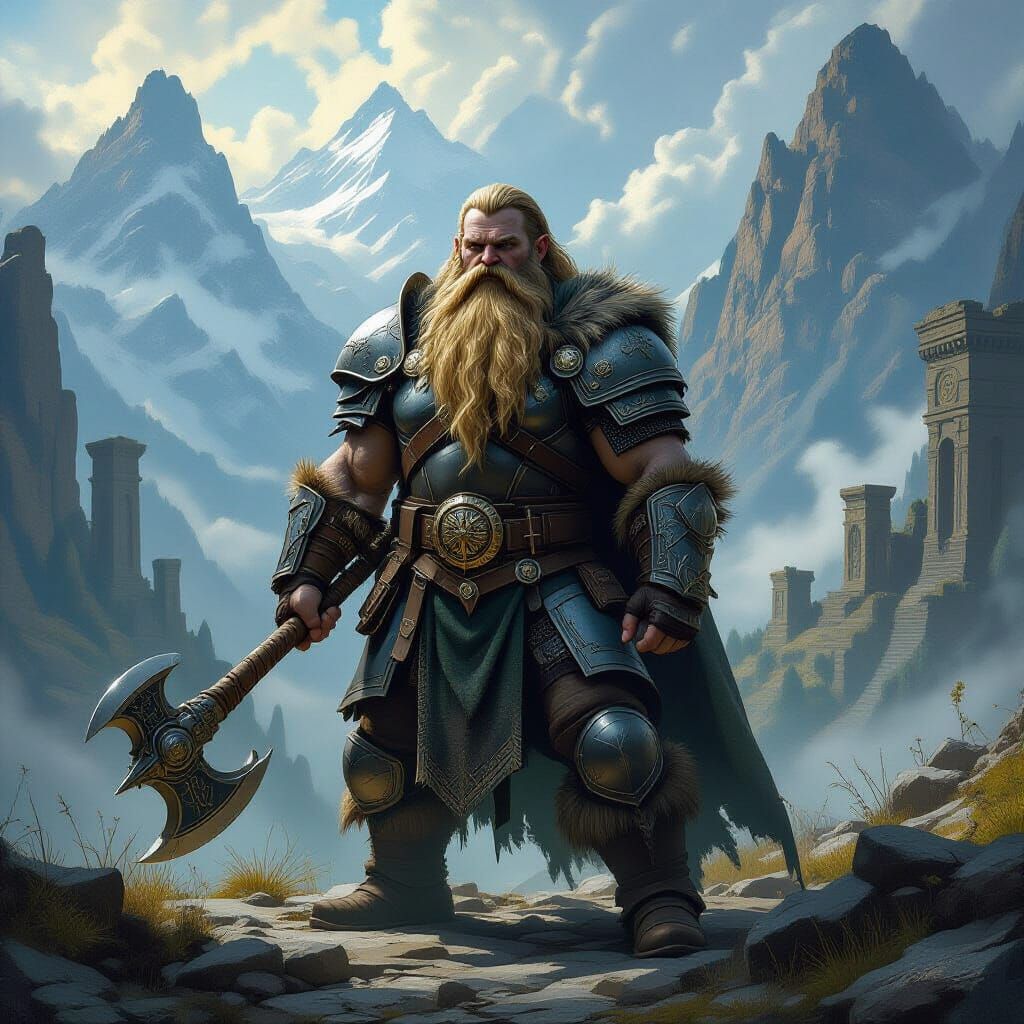 Heroic Armored Dwarf Warrior in Mystical Landscape