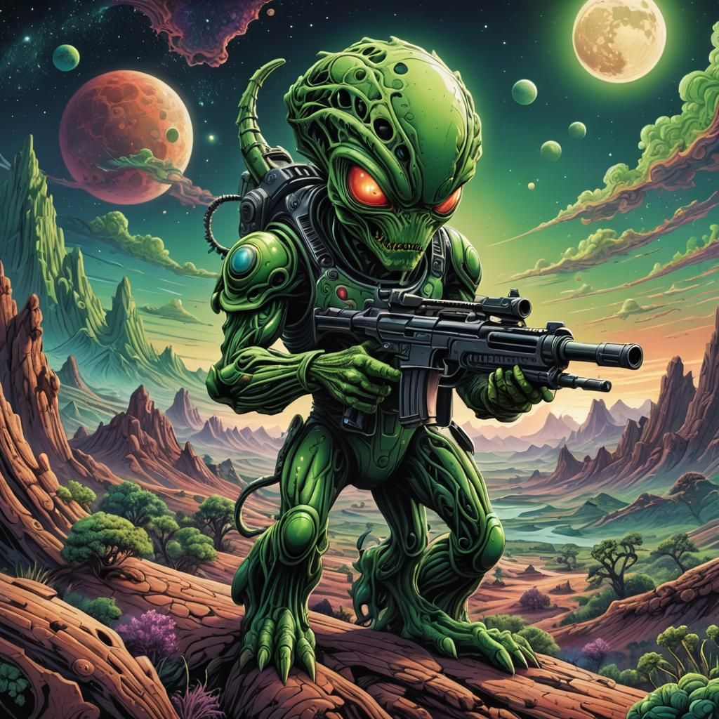 Green Alien Monster on Lunar Landscape in Comic Book Art