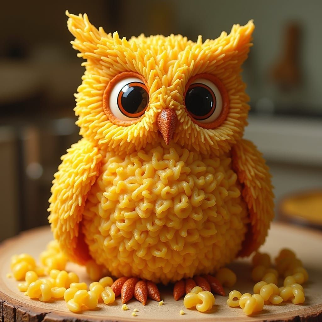 Surreal Macaroni and Cheese Owl Sculpture in Whimsical Pop S...