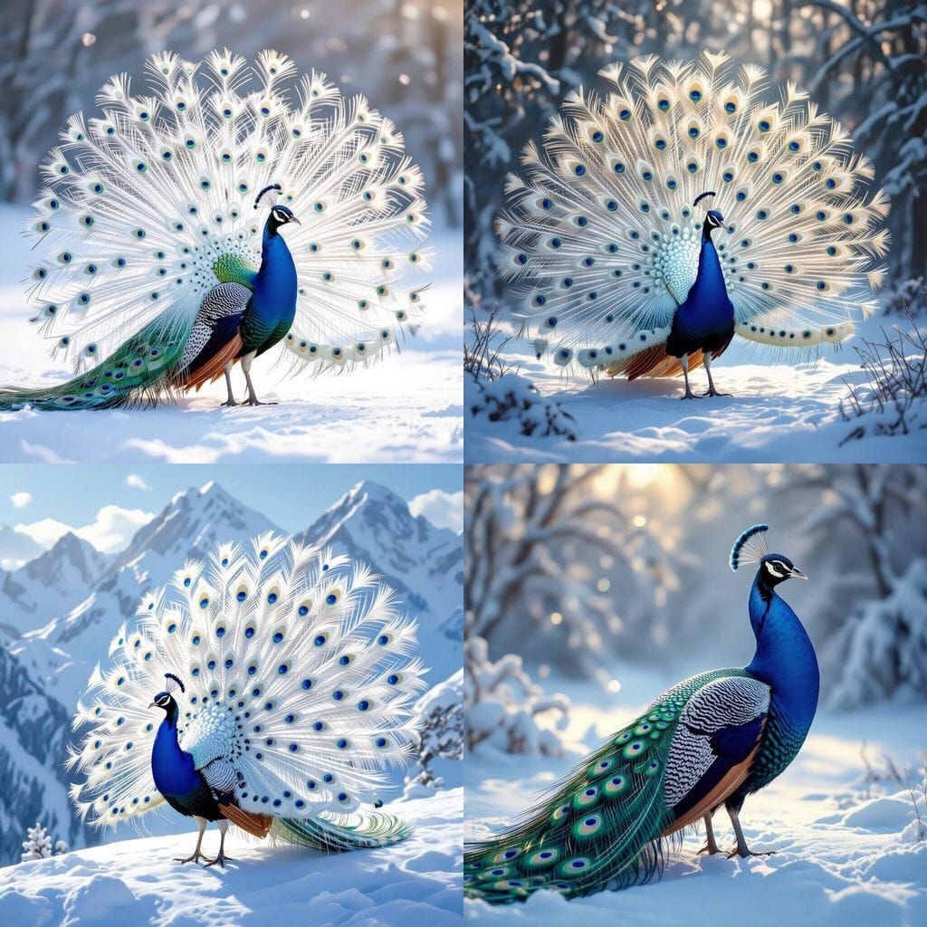 Male Peacock With White Blue Tail In Snowy Landscape