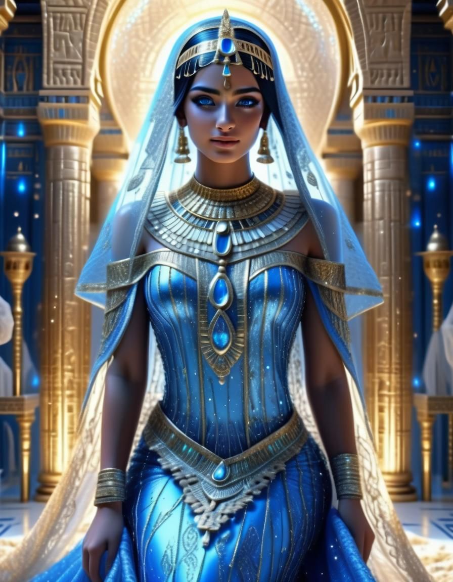 Egyptian Goddess with Golden Lace Dress in 8K