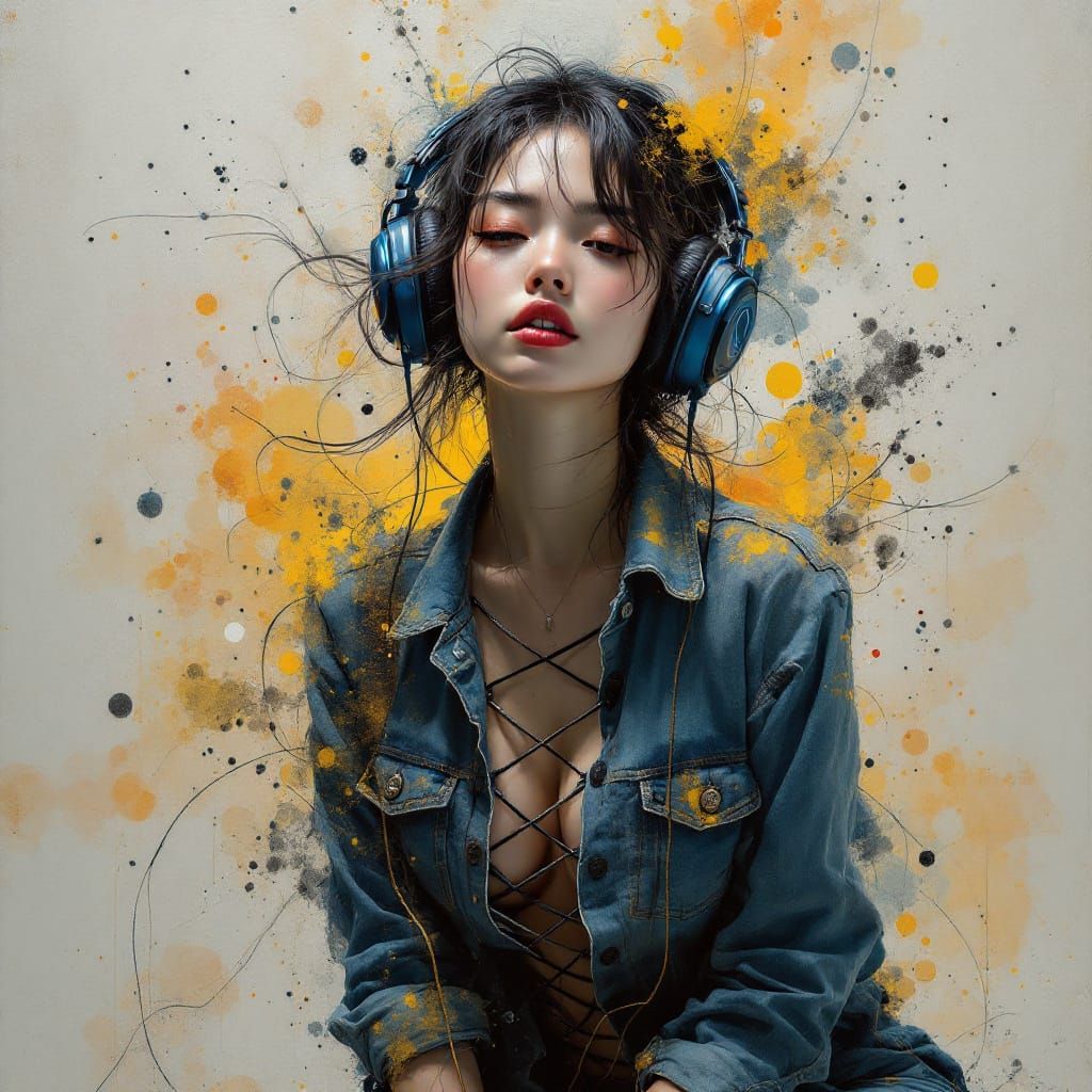East Asian Woman in Denim Outfit with Headphones