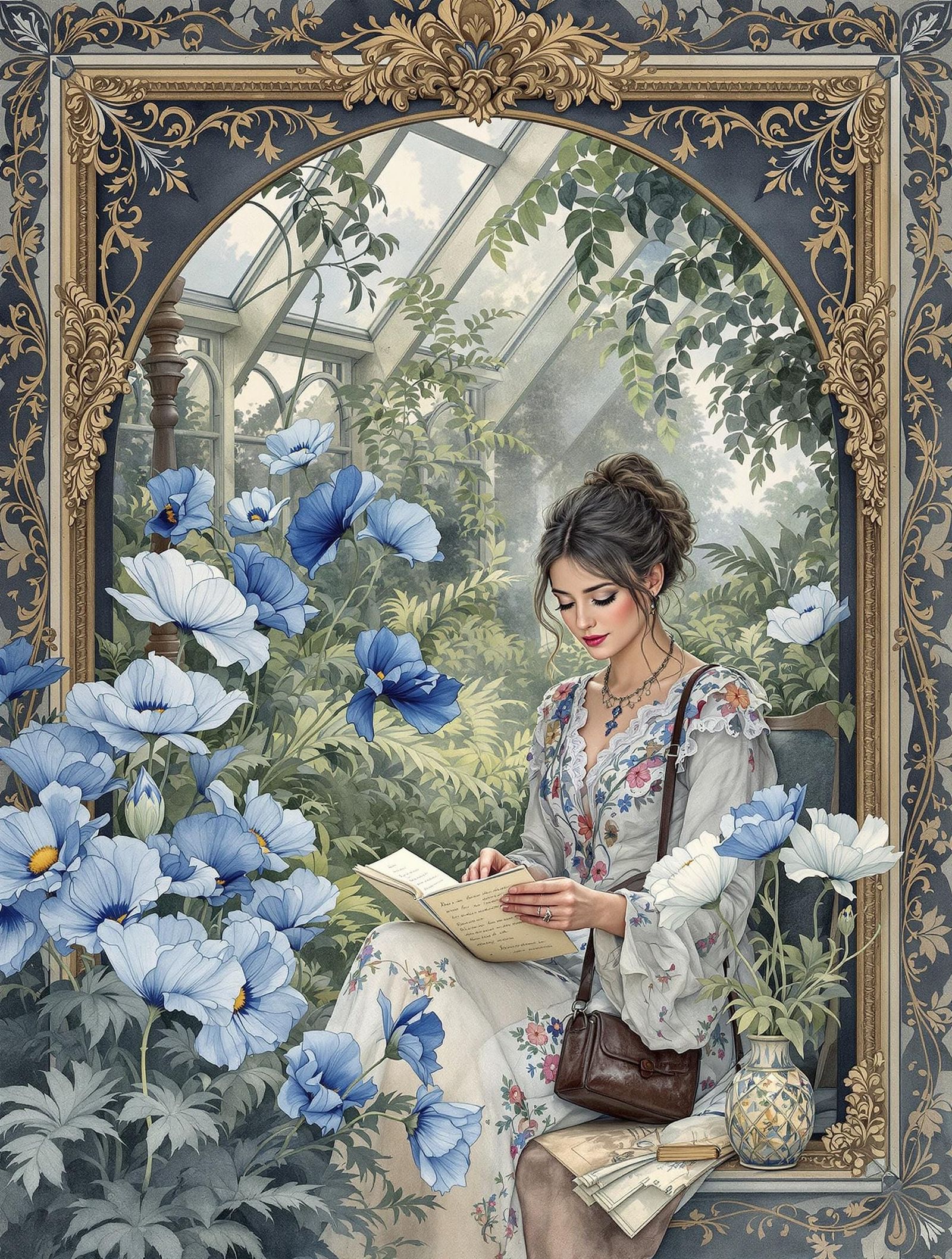 Surreal Victorian-Era Garden Sanctuary with Bohemian Reader