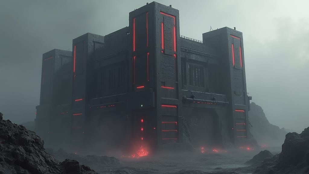Majestic Cyberpunk Fortress in Dark Grey and Red