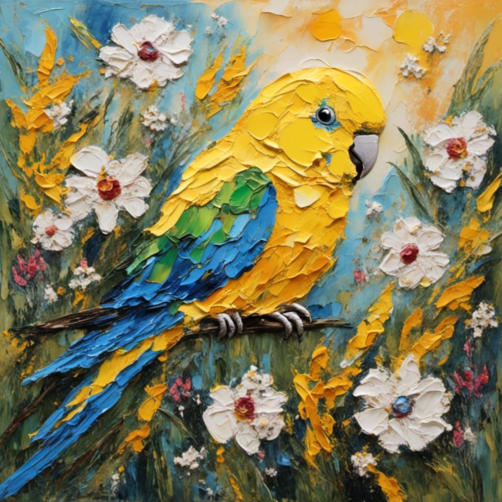 Budgie Bird in Wildflower Field as Impasto Painting