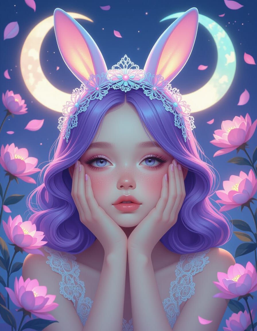 Surreal Pop Art Girl With Lavender Hair and Bunny Horns