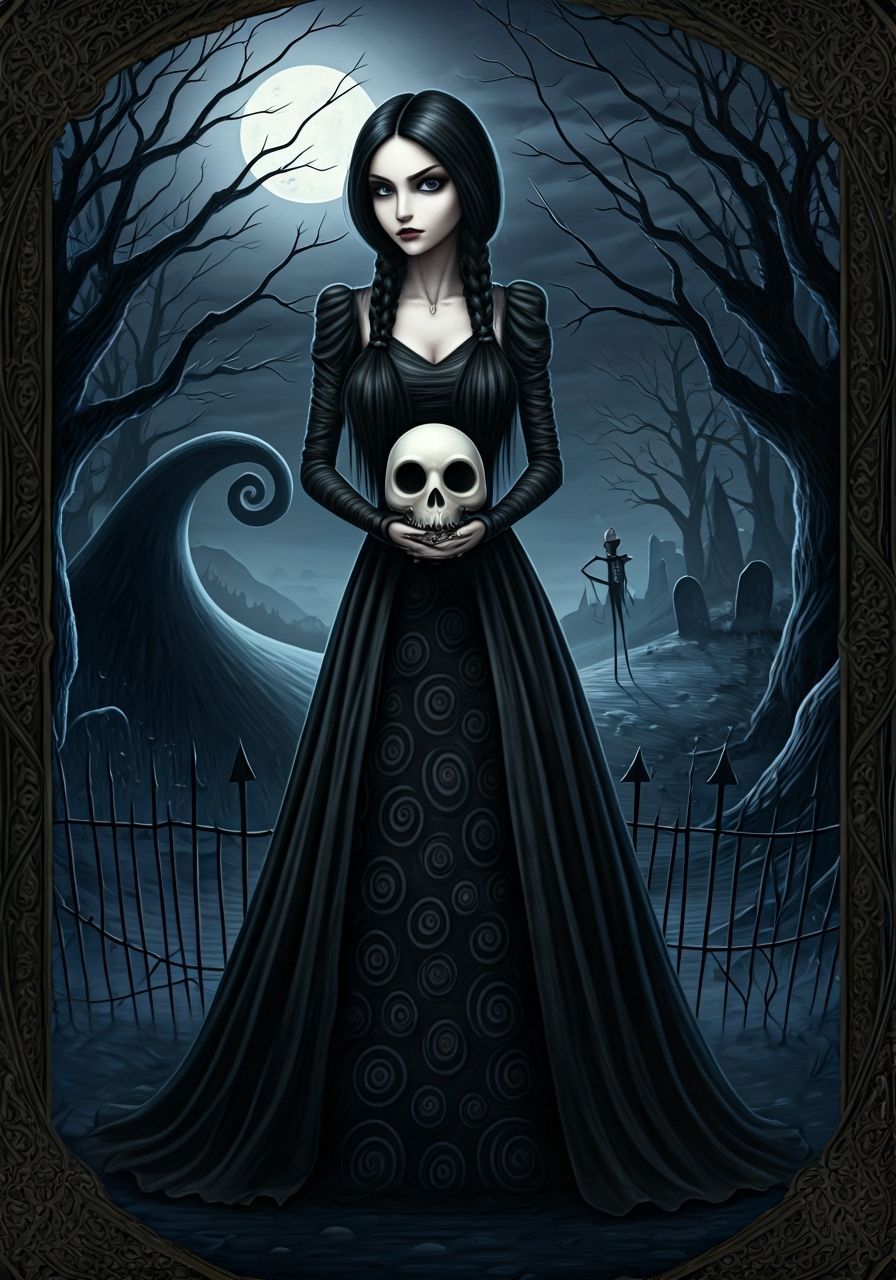 Gothic Woman with Skull in Eerie Landscape