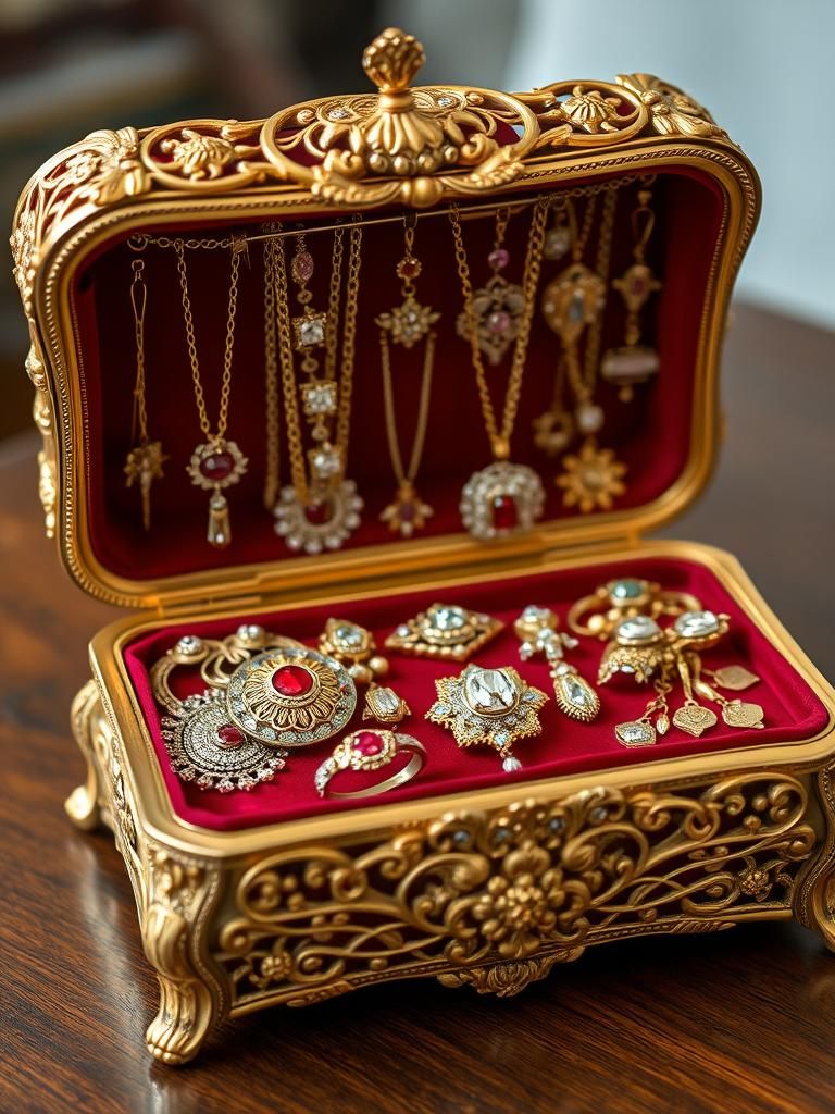 Ornate Gold Jewelry Box Filled with Antique Treasures