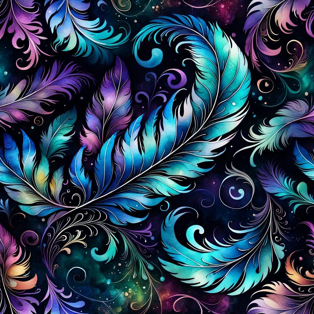 Intricate Swirls and Feathers in Dark Fantasy Style
