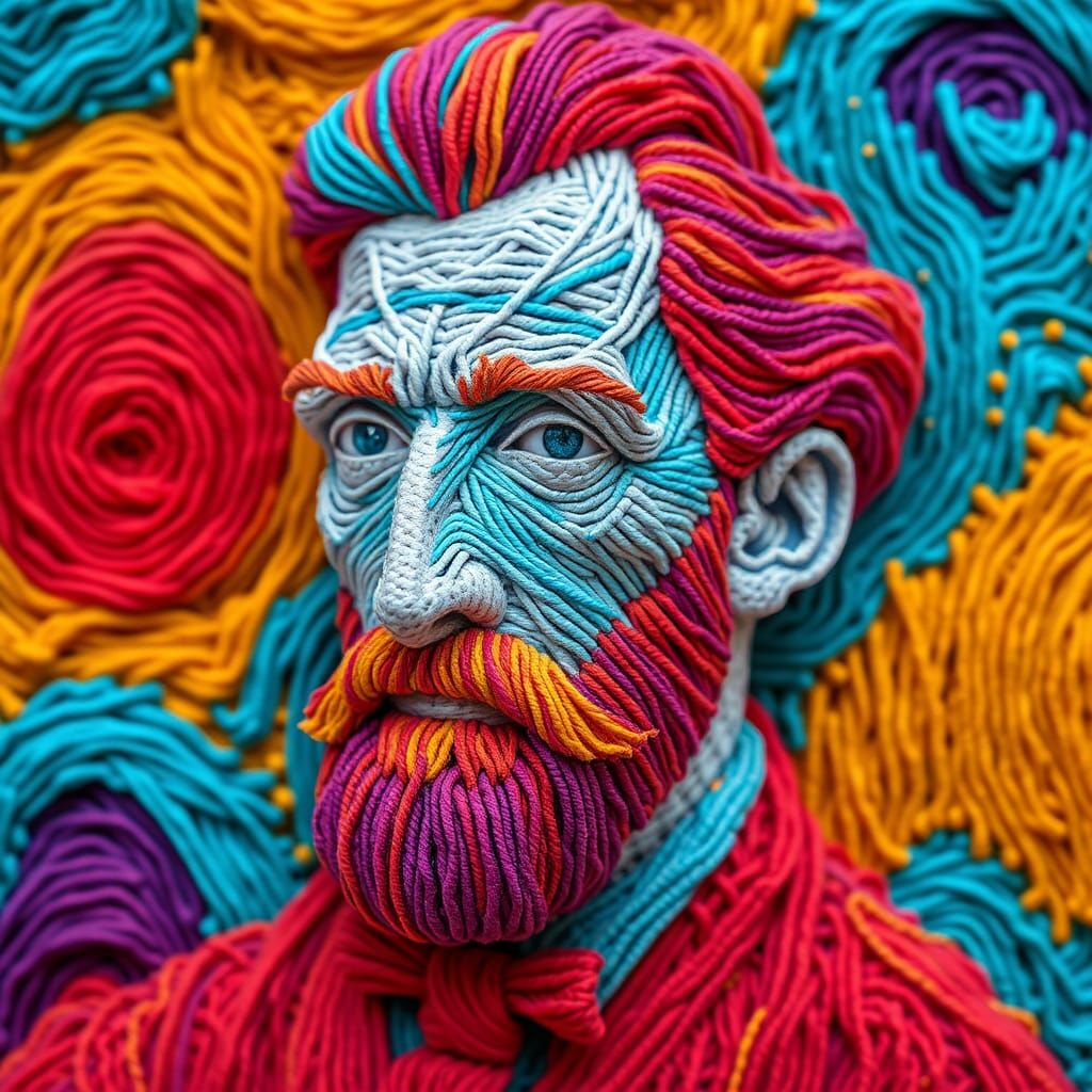 Yarn Portrait of Van Gogh in 3D Street Art Style