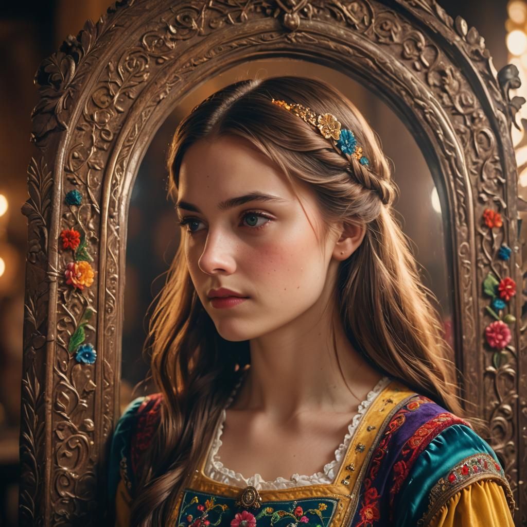 Pretty Brown Haired Medieval Girl Standing in Front of a Mir...