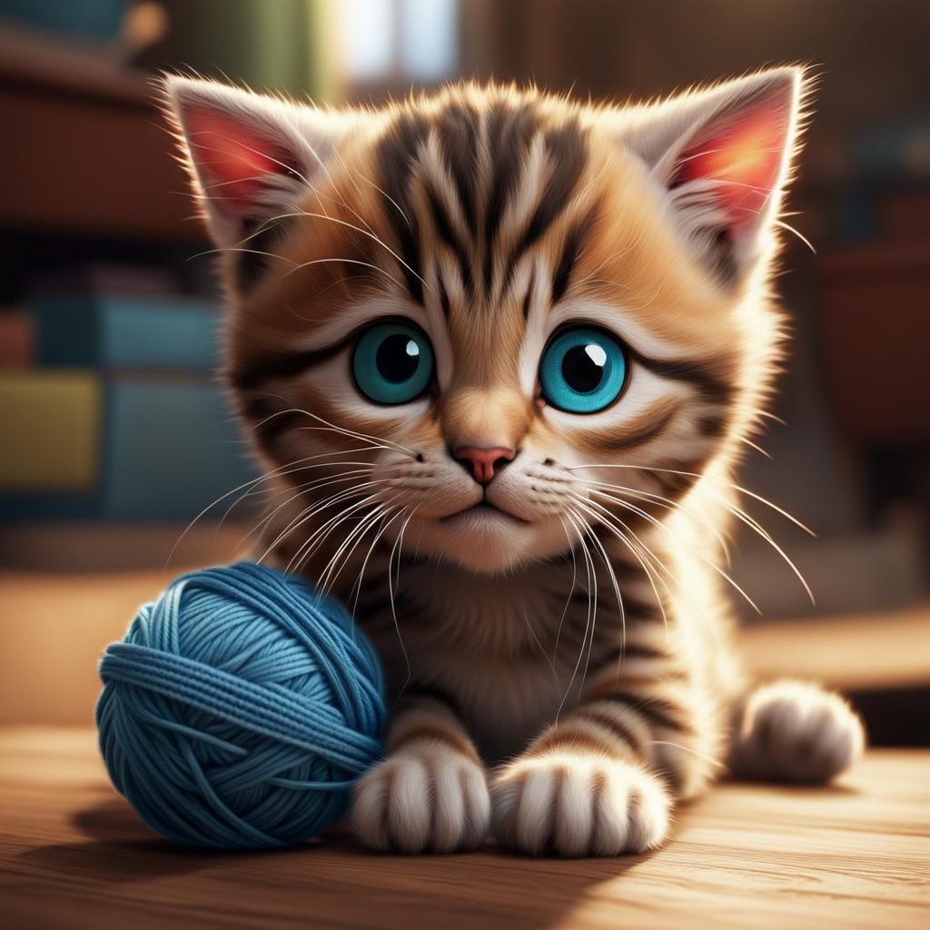 A Disney Pixar style kitten, playing with a ball of yarn,