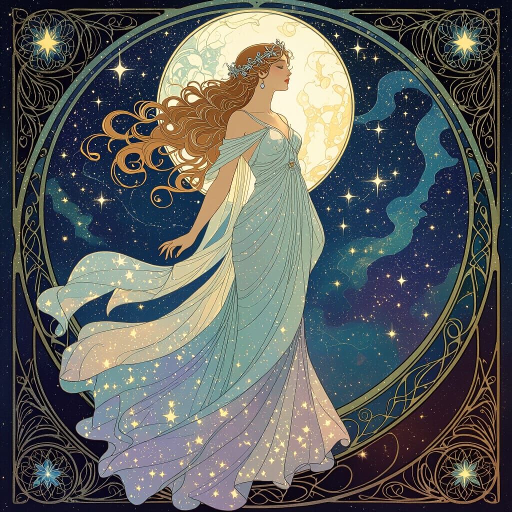 Celestial Goddess in Galaxy, Art Nouveau Style