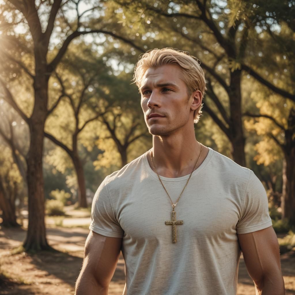 Muscular Blonde Man Portrait with Cross Necklace