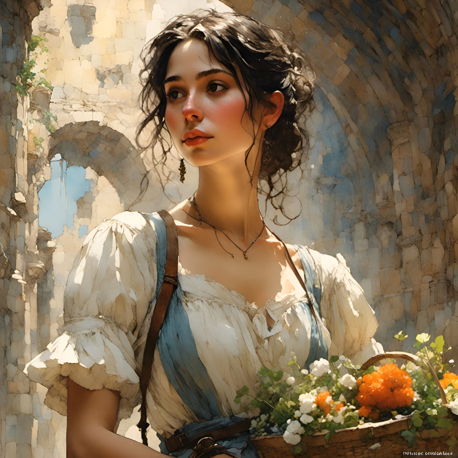 Peasant Girl Portrait in Hyperdetailed Splash Art