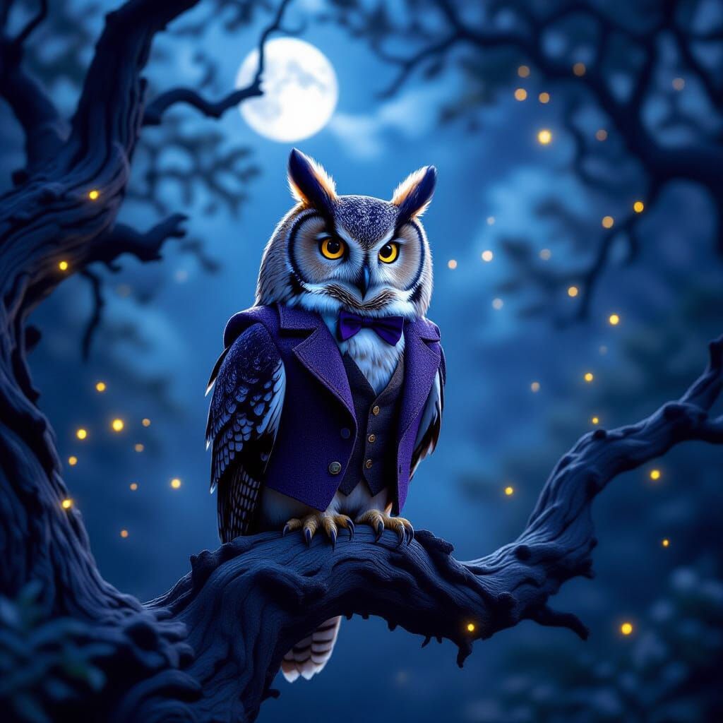 Wise Owl in Purple Waistcoat Over Misty Forest