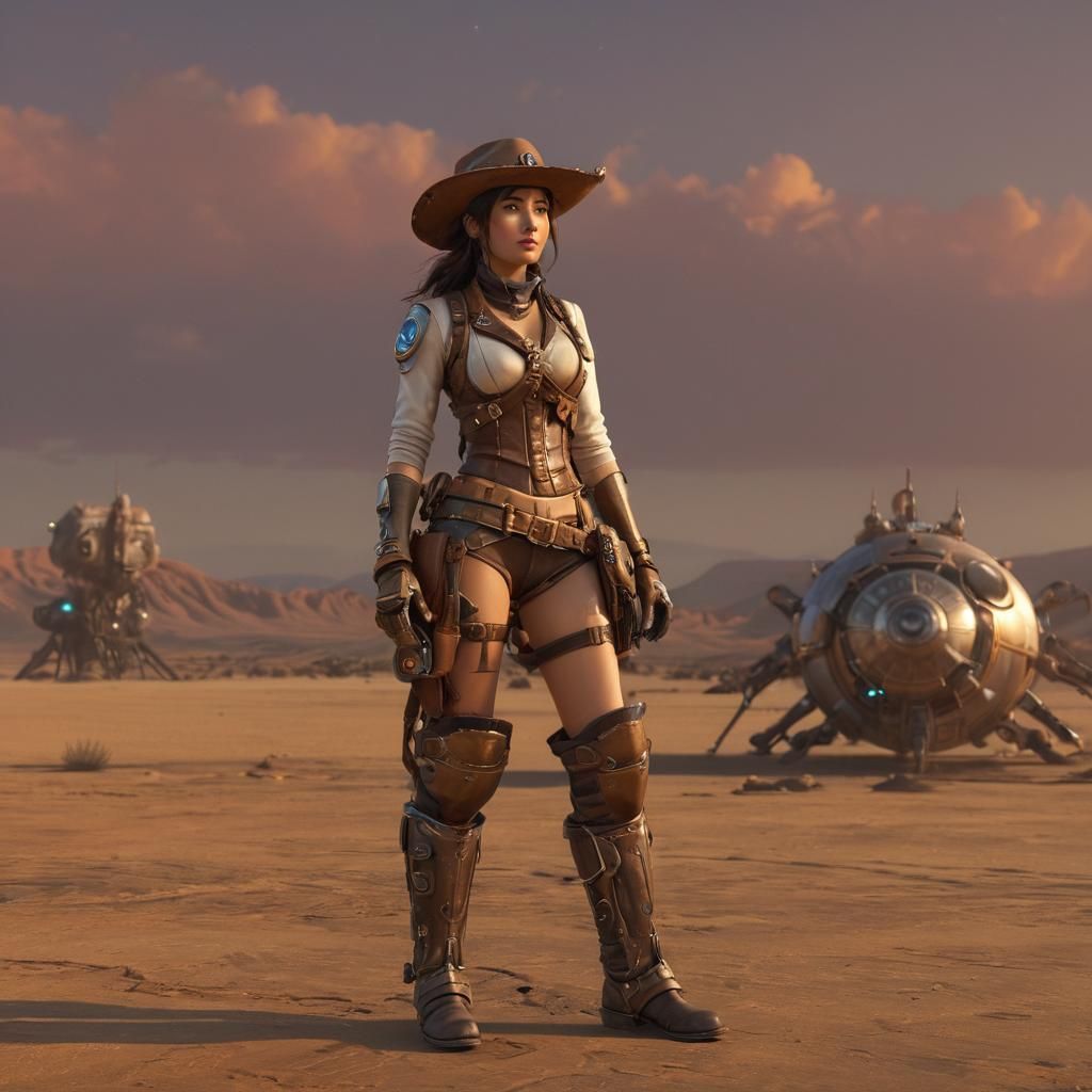 Steampunk Space Cowgirl on Desert Horizon