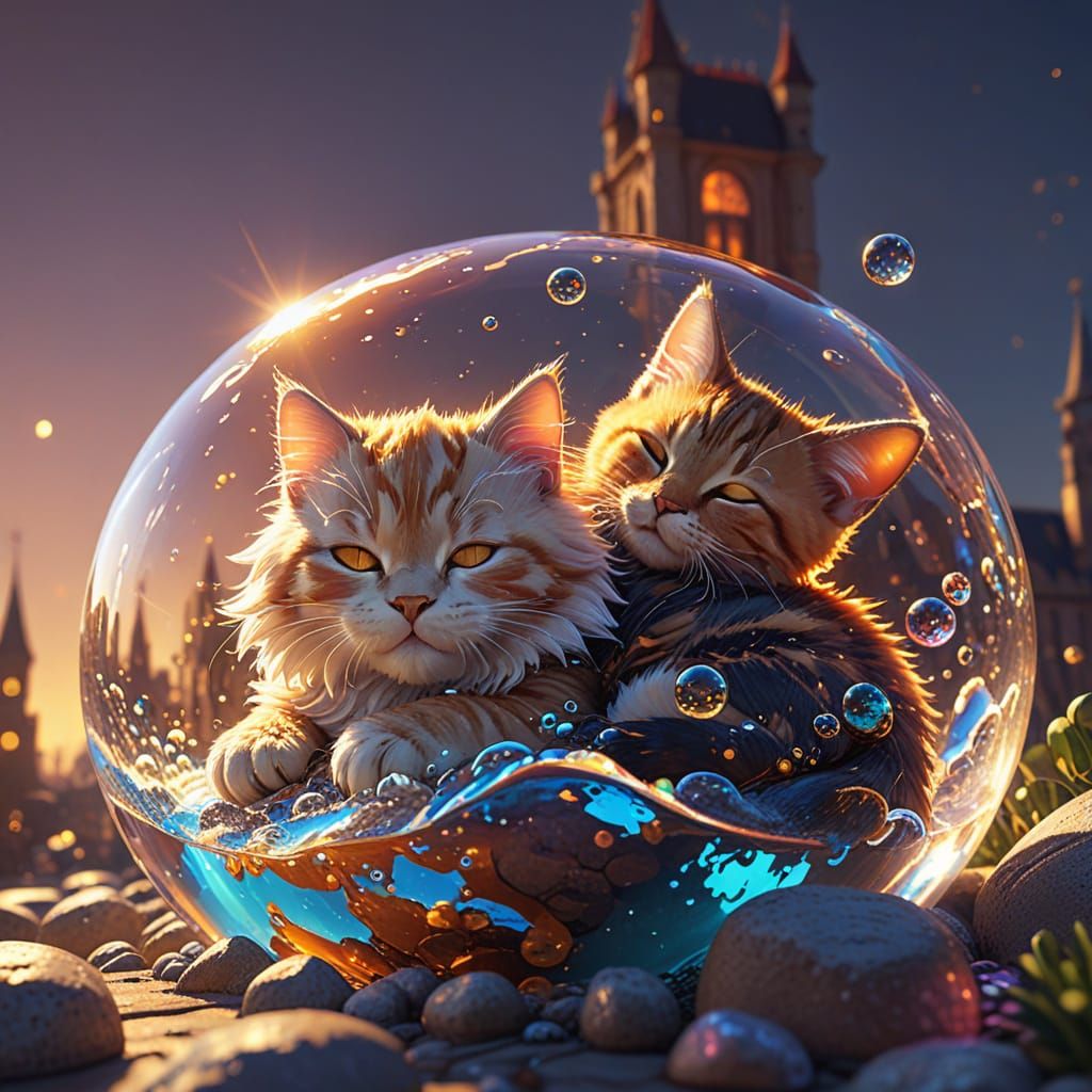 Giant Kitten Sleeps on Bubble City: Fantasy Art