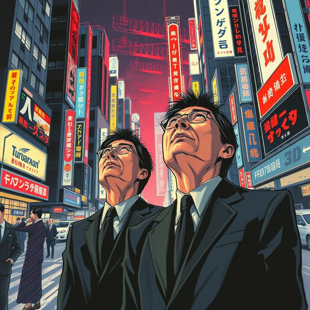 Shocked Businessmen in Futuristic Tokyo Cityscape